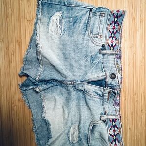 Forever 21 Light Blue Distressed Denim Shorts with Embroidered Waist